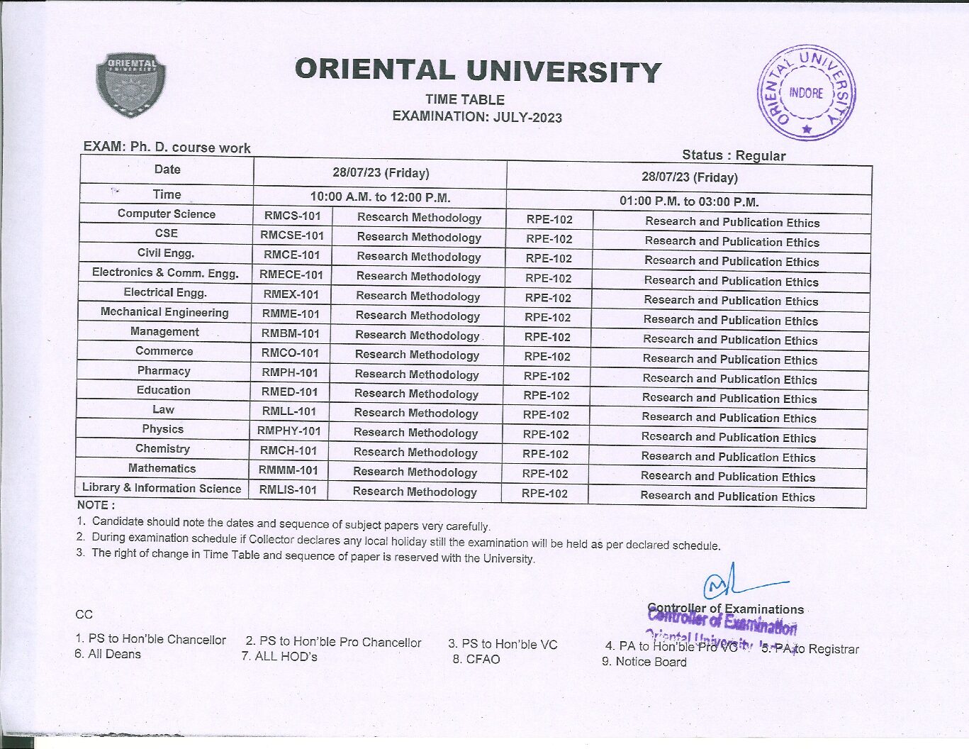 Ph. D Course Work Examination Time Table Oriental University